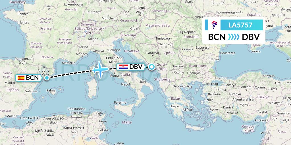 LA5757 LAN Airlines Flight Map: Barcelona to Dubrovnik