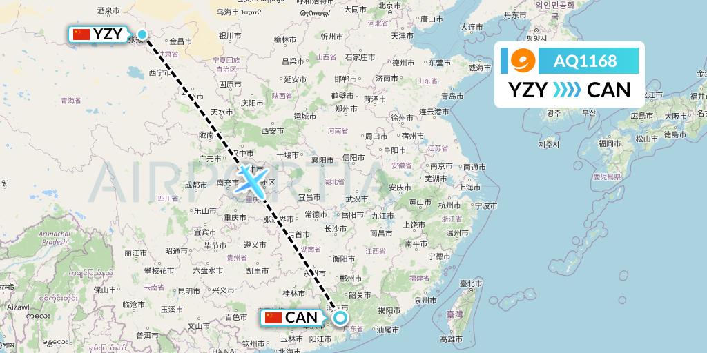 AQ1168 9 Air Flight Map: Zhangye to Guangzhou