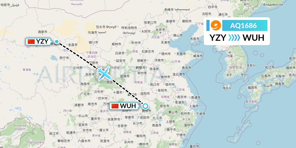 AQ1686 9 Air Flight Map: Zhangye to Wuhan