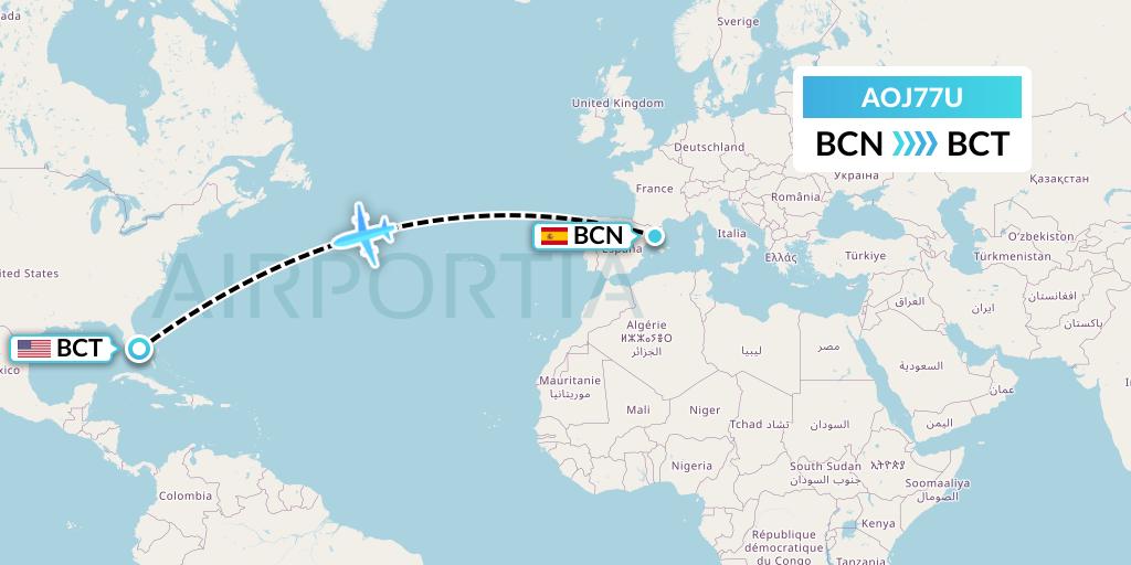 AOJ77U Avcon Jet Flight Map: Barcelona to Boca Raton