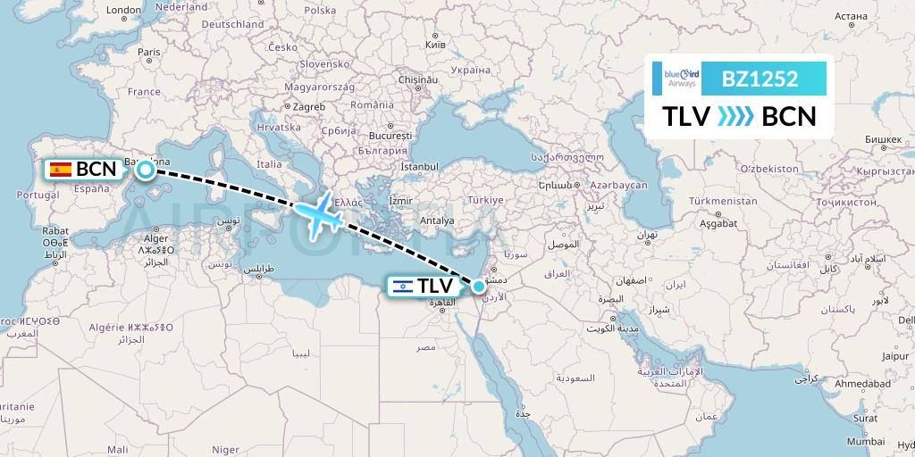 BZ1252 Bluebird Airways Flight Map: Tel Aviv to Barcelona