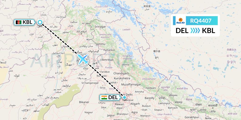 RQ4407 Kam Air Flight Map: Delhi to Kabul