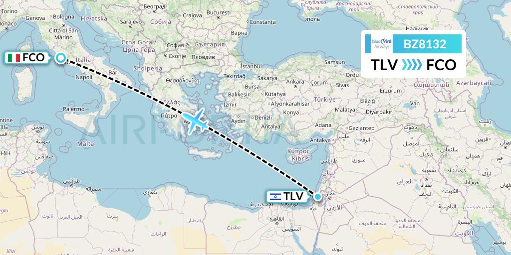 BZ8132 Bluebird Airways Flight Map: Tel Aviv to Rome