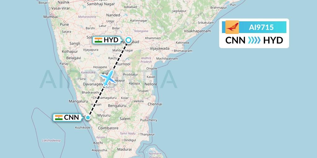 AI9715 Air India Flight Map: Mattannur to Hyderabad
