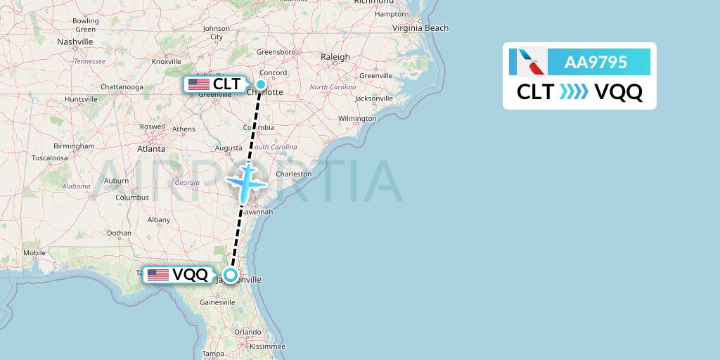AA9795 American Airlines Flight Map: Charlotte to Jacksonville