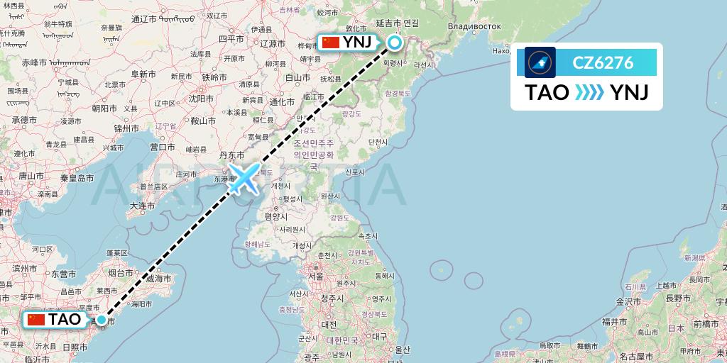 CZ6276 China Southern Airlines Flight Map: Qingdao to Yanji