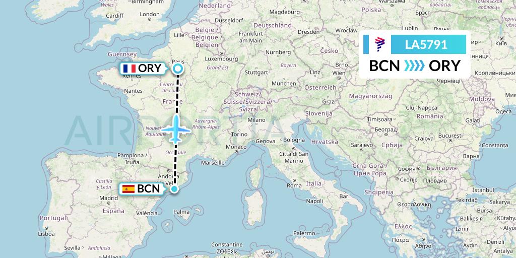 LA5791 LAN Airlines Flight Map: Barcelona to Paris