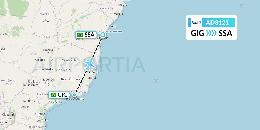 AD3121 Azul Brazilian Airlines Flight Map: Rio de Janeiro to Salvador