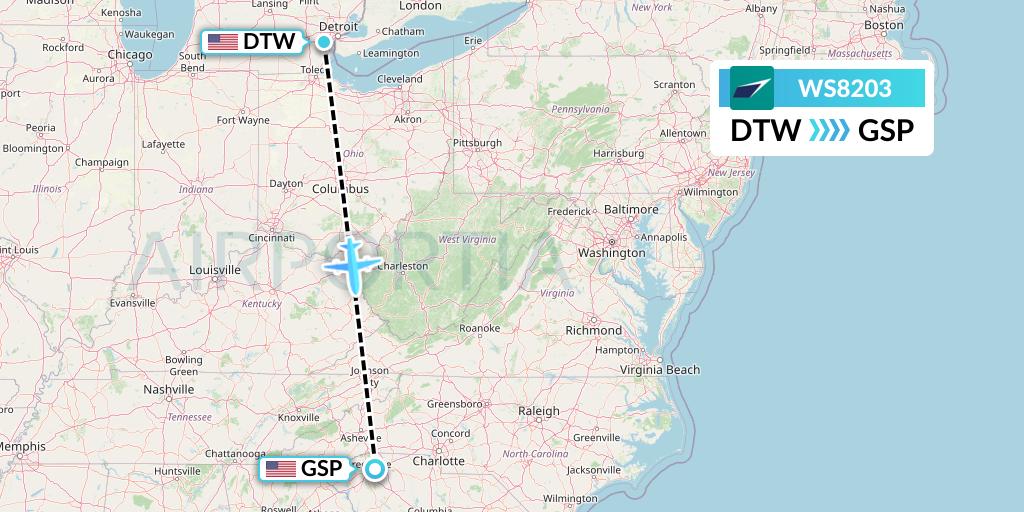 WS8203 WestJet Flight Map: Detroit to Greenville-Spartanburg