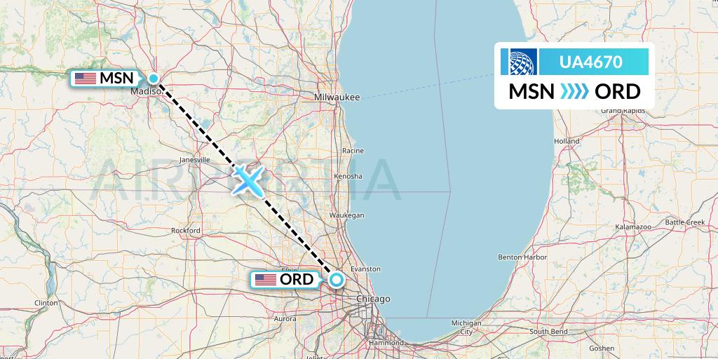 UA4670 United Airlines Flight Map: Madison to Chicago
