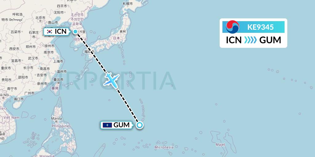 KE9345 Korean Air Flight Map: Seoul to Guam