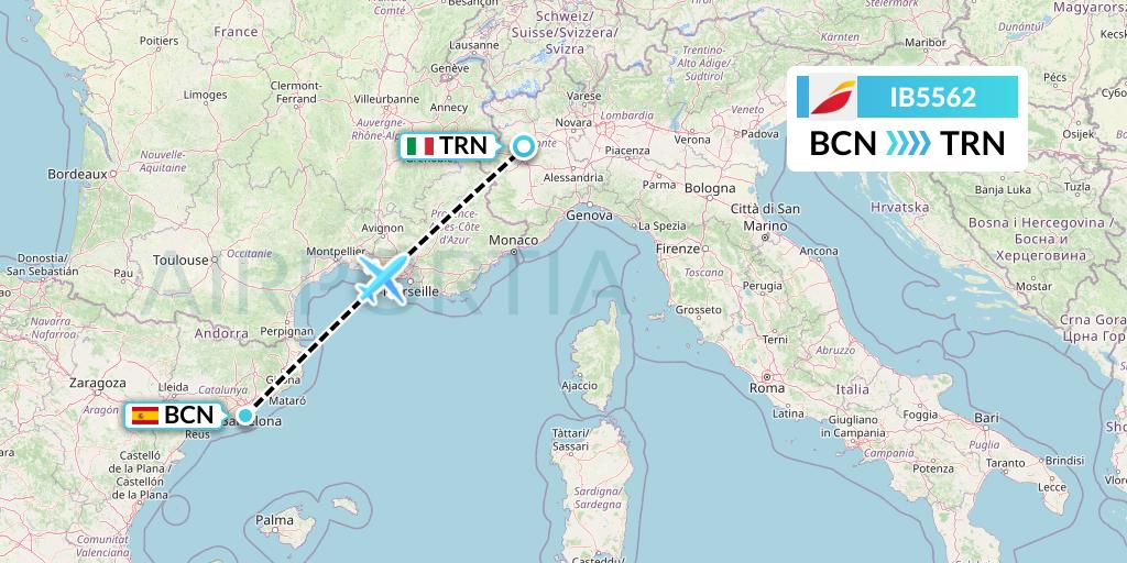 IB5562 Iberia Flight Map: Barcelona to Turin