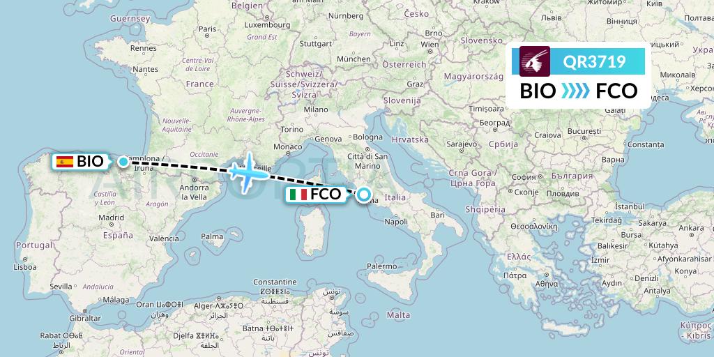 QR3719 Qatar Airways Flight Map: Bilbao to Rome
