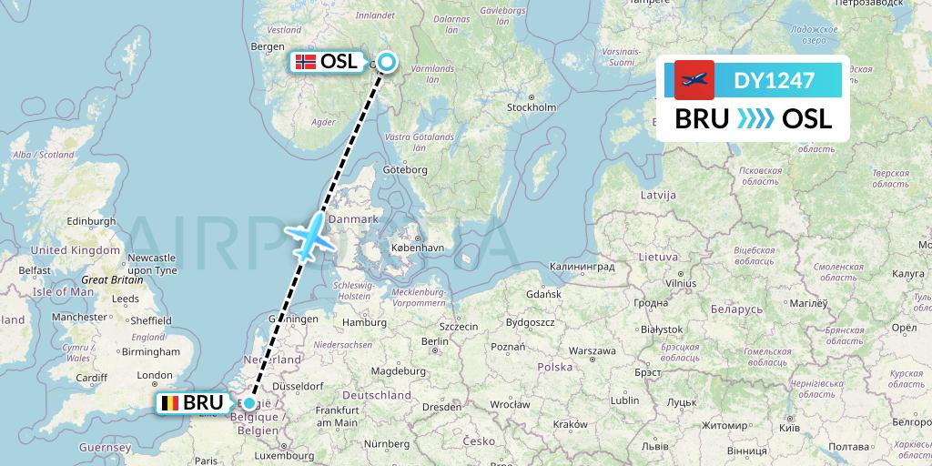 DY1247 Norwegian Flight Map: Brussels to Oslo