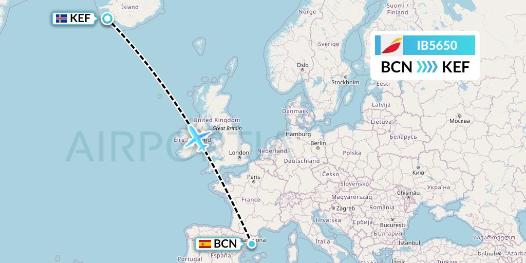 IB5650 Iberia Flight Map: Barcelona to Reykjavik