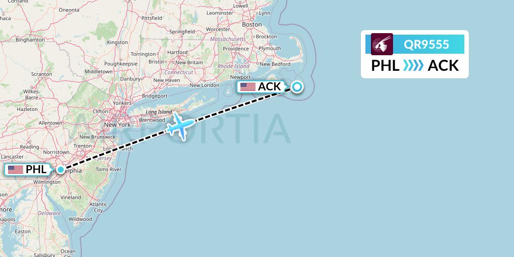 QR9555 Qatar Airways Flight Map: Philadelphia to Nantucket