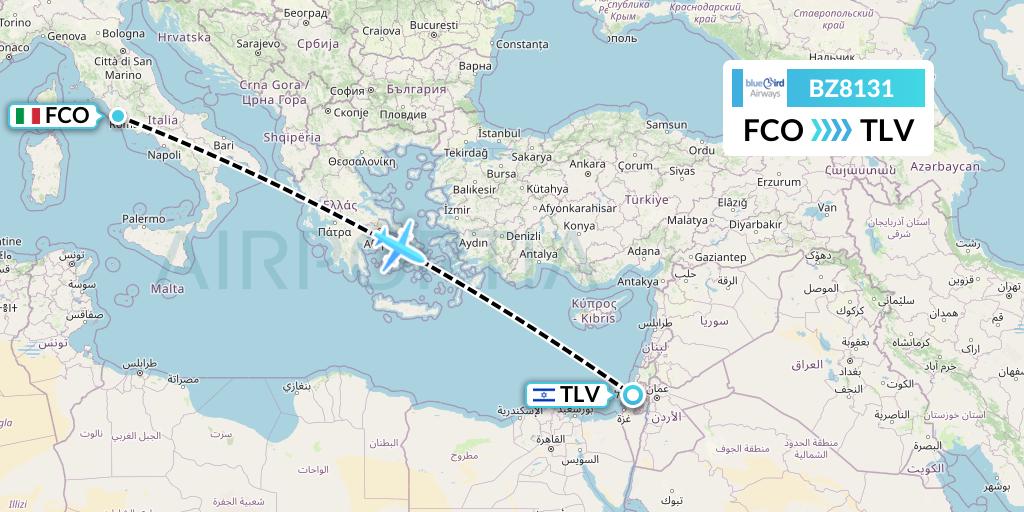 BZ8131 Bluebird Airways Flight Map: Rome to Tel Aviv