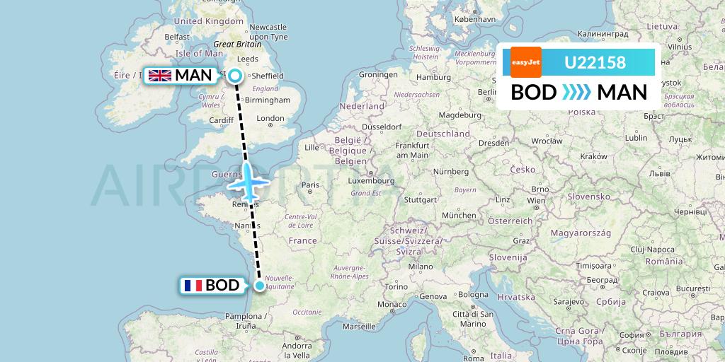 U22158 EasyJet Flight Map: Bordeaux to Manchester