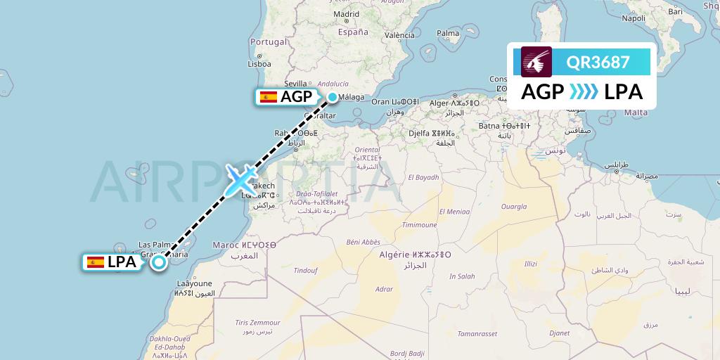 QR3687 Qatar Airways Flight Map: Malaga to Las Palmas