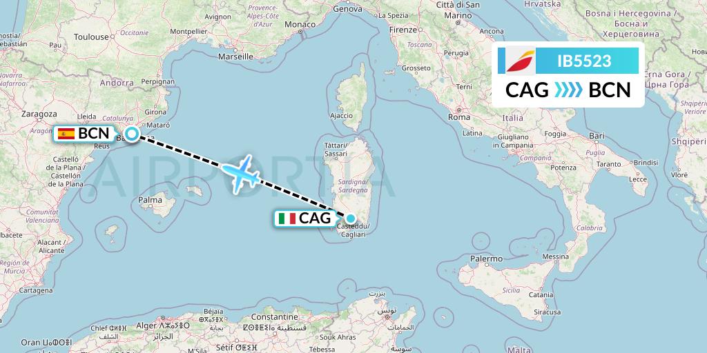 IB5523 Iberia Flight Map: Cagliari to Barcelona