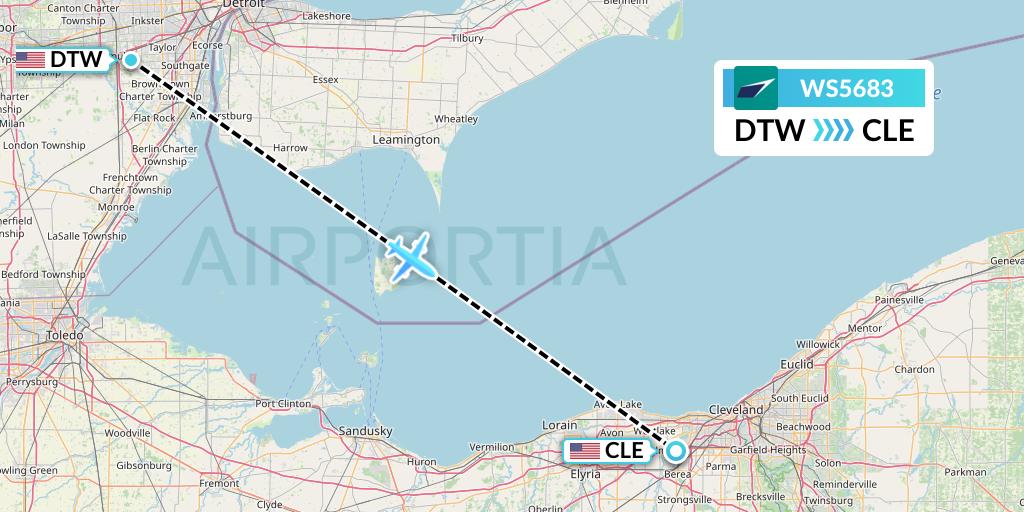 WS5683 WestJet Flight Map: Detroit to Cleveland