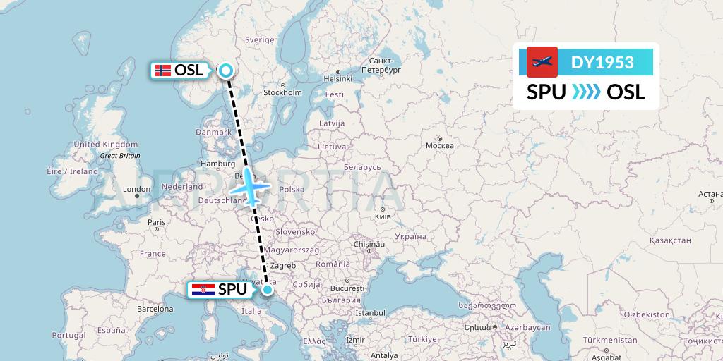 DY1953 Norwegian Flight Map: Split to Oslo