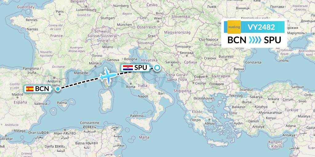 VY2482 Vueling Flight Map: Barcelona to Split