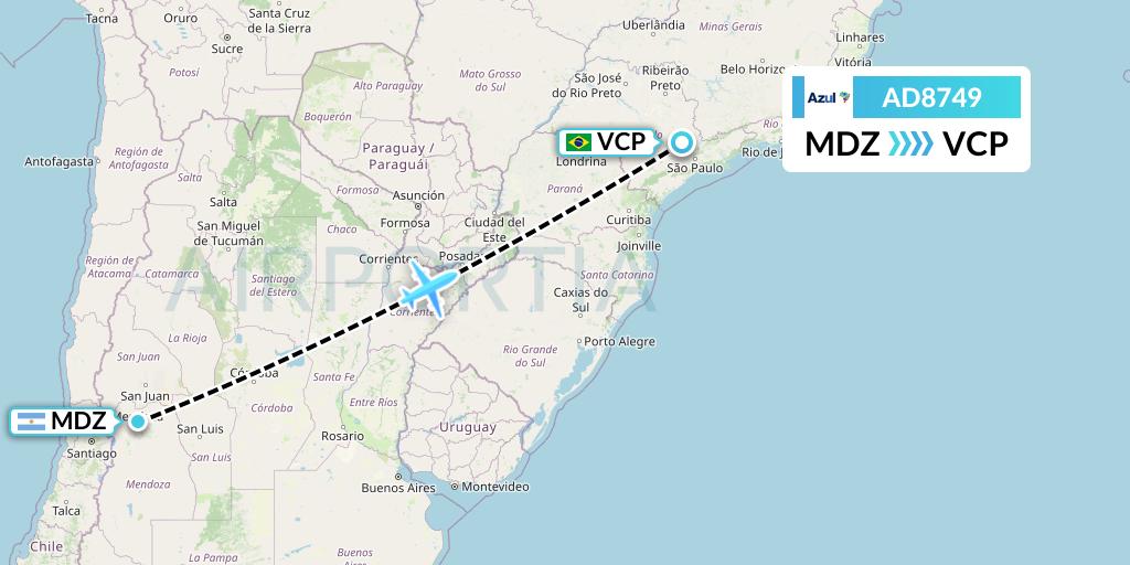 AD8749 Azul Brazilian Airlines Flight Map: Mendoza to Campinas