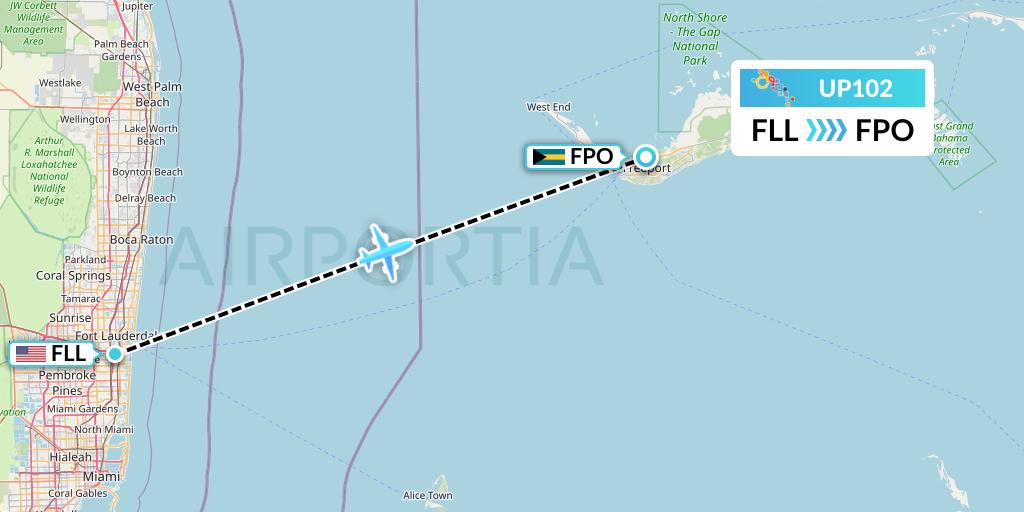 UP102 Bahamasair Flight Map: Fort Lauderdale to Freeport
