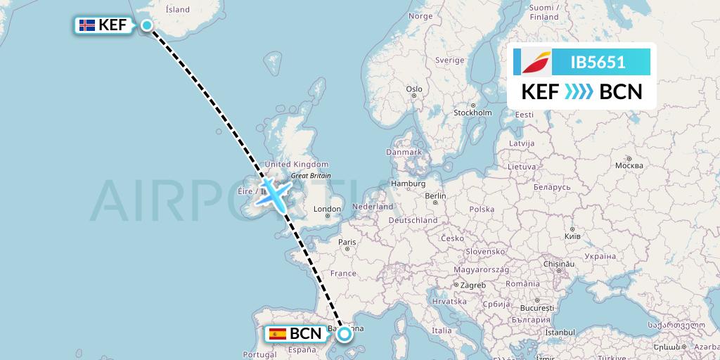 IB5651 Iberia Flight Map: Reykjavik to Barcelona