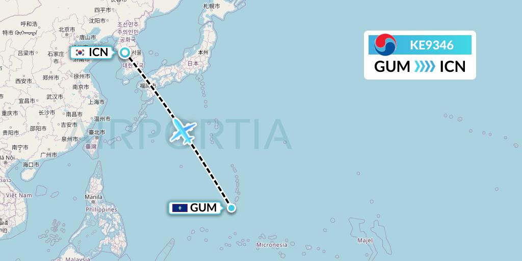 KE9346 Korean Air Flight Map: Guam to Seoul