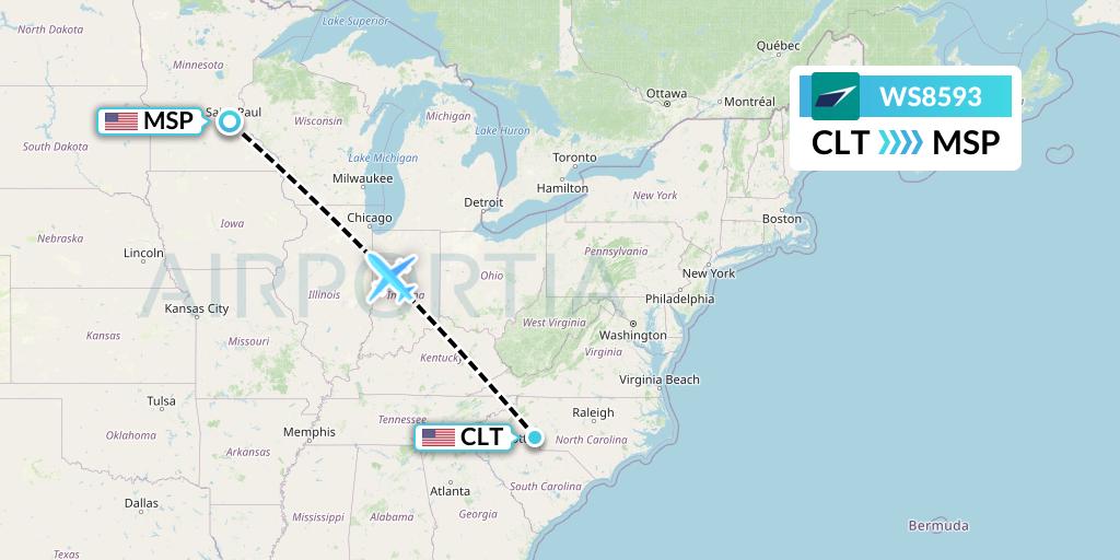 WS8593 WestJet Flight Map: Charlotte to Minneapolis
