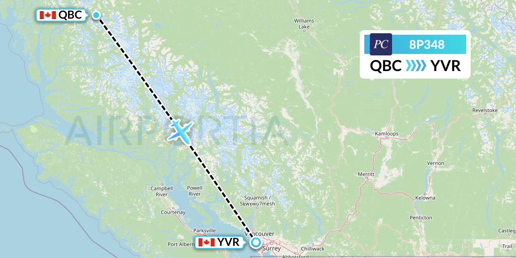 8P348 Pacific Coastal Airlines Flight Map: Bella Coola to Vancouver