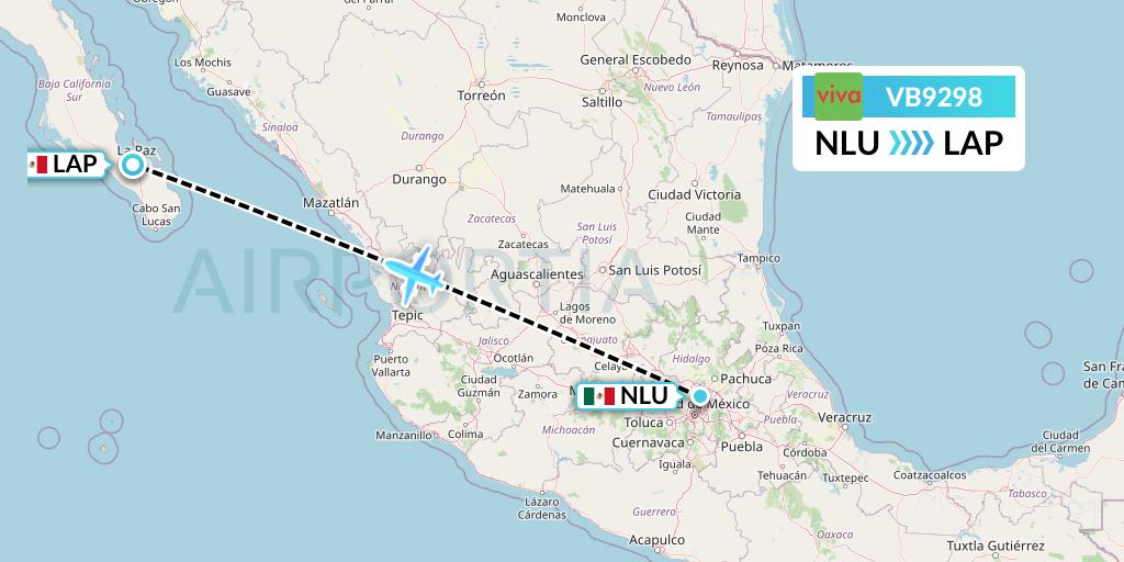 VB9298 VivaAerobus Flight Map: Reyes Acozac to La Paz