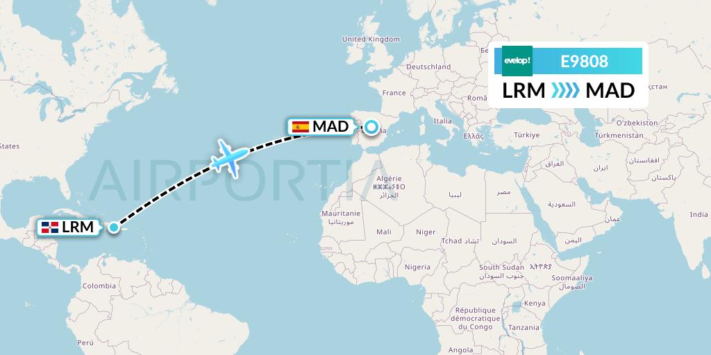 E9808 Evelop Airlines Flight Map: La Romana to Madrid