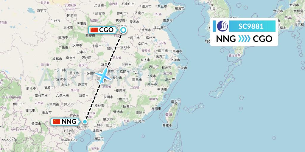 SC9881 Shandong Airlines Flight Map: Nanning to Zhengzhou