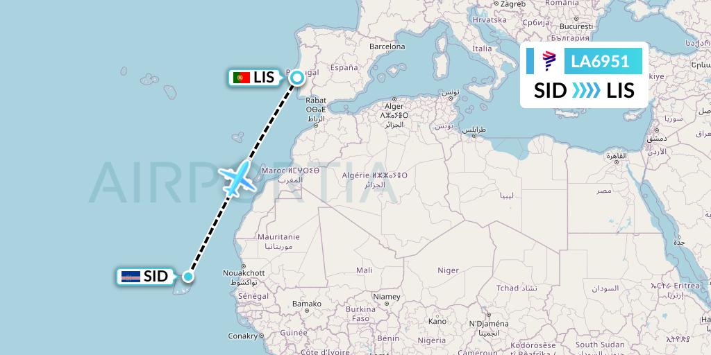 LA6951 LAN Airlines Flight Map: Espargos to Lisbon