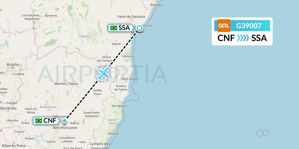G39007 GOL Transportes Aeros Flight Map: Belo Horizonte to Salvador