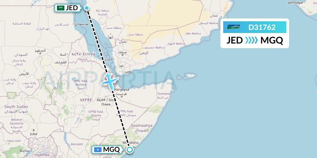 D31762 Daallo Airlines Flight Map: Jeddah to Mogadishu