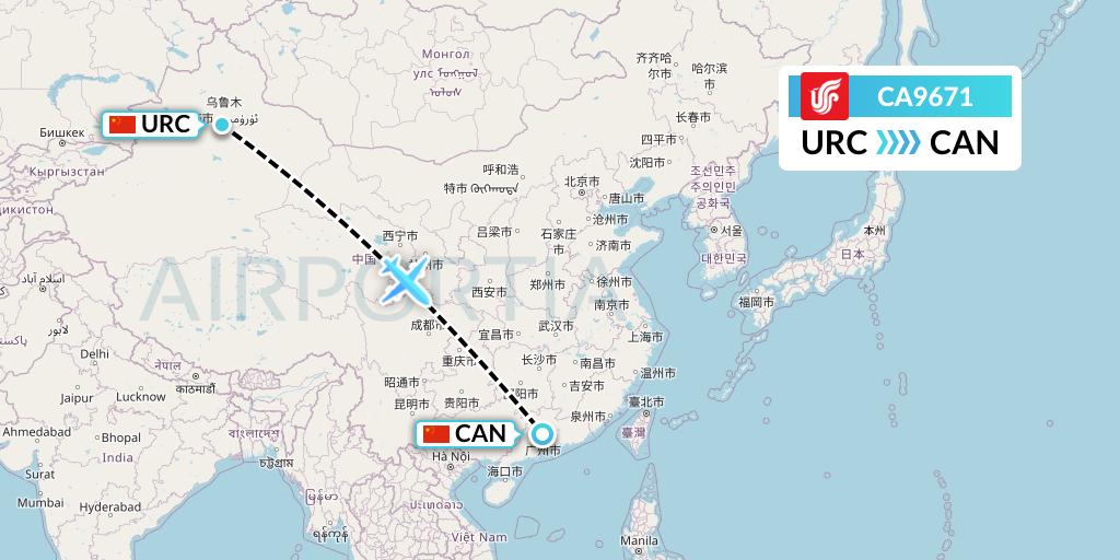 CA9671 Air China Flight Map: Urumqi to Guangzhou