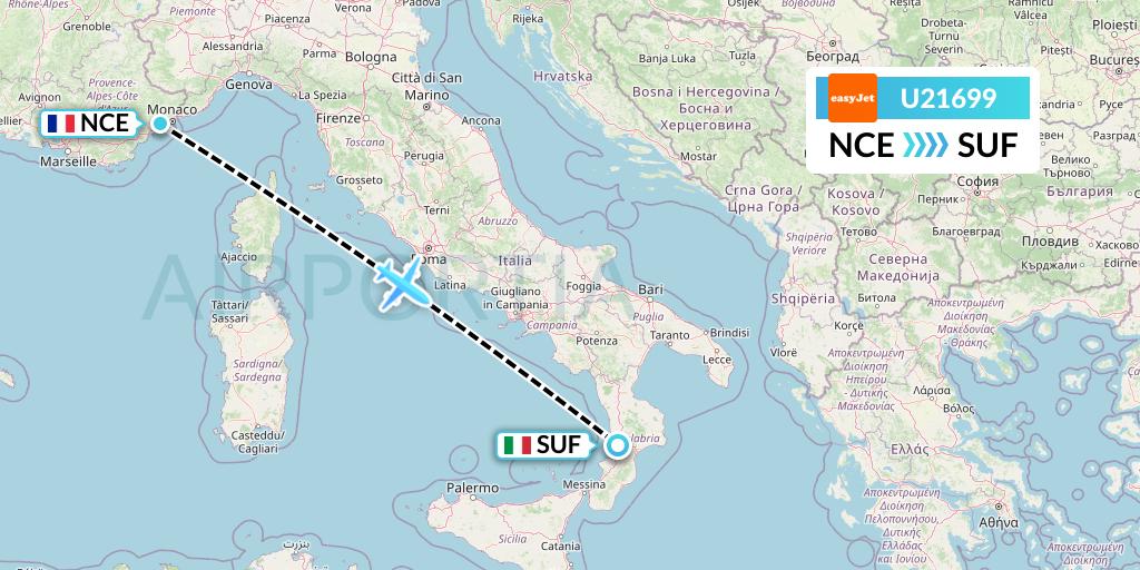 U21699 EasyJet Flight Map: Nice to Lamezia Terme