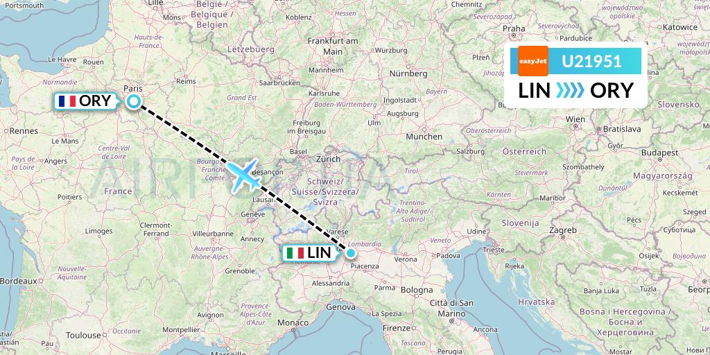 U21951 EasyJet Flight Map: Milan to Paris