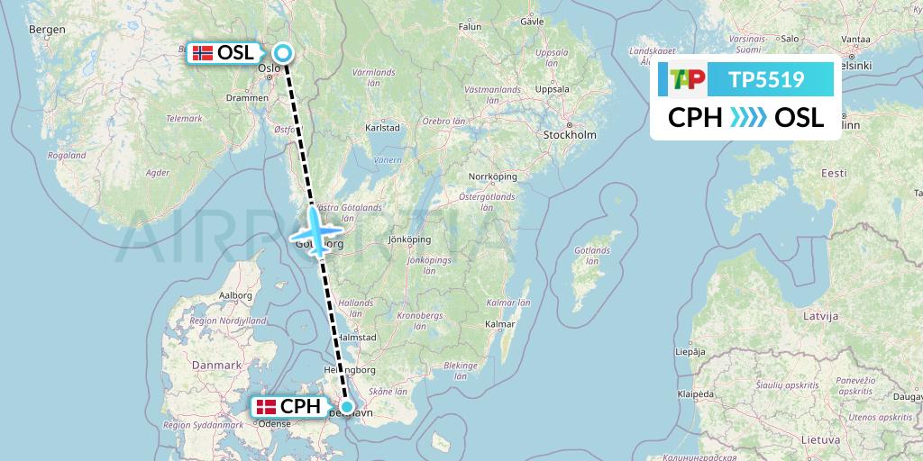 TP5519 TAP Portugal Flight Map: Copenhagen to Oslo