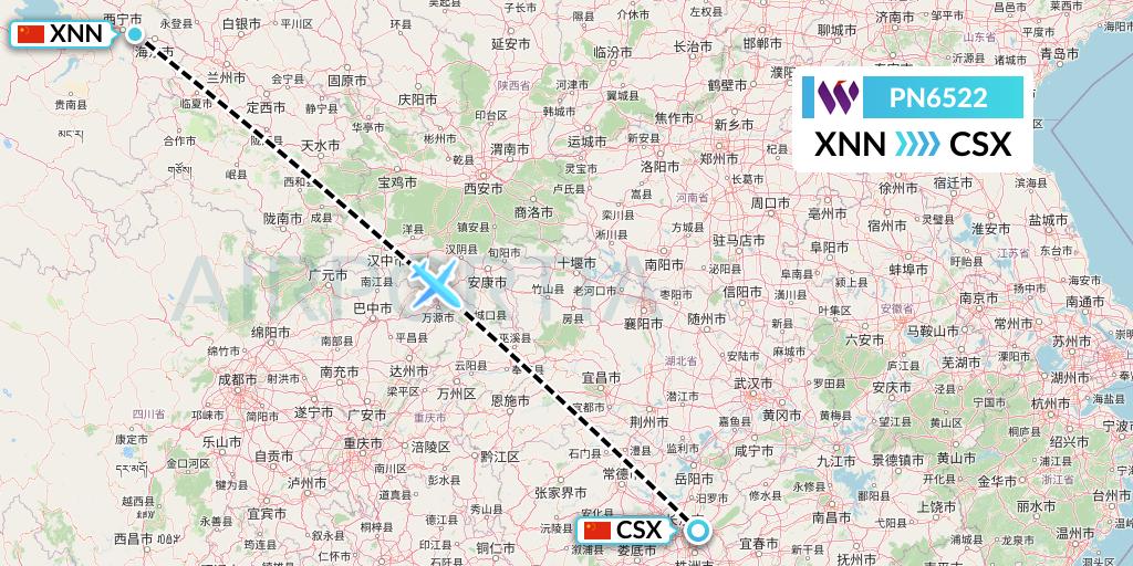 PN6522 China West Air Flight Map: Xining to Changsha