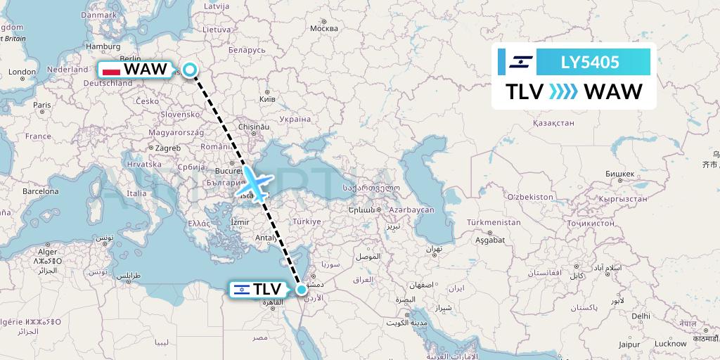LY5405 El Al Flight Map: Tel Aviv to Warsaw