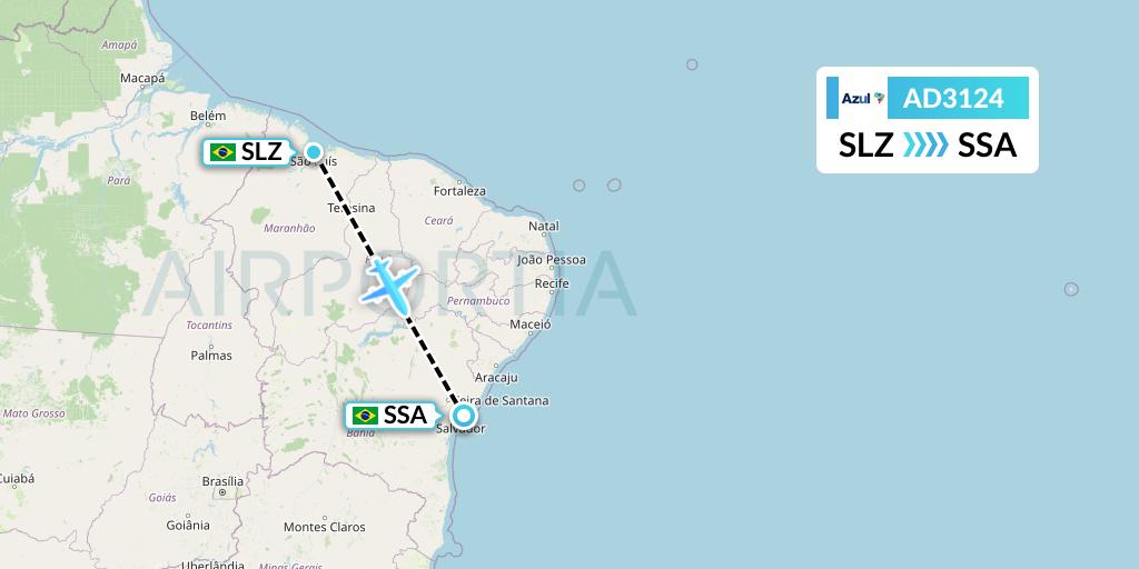 AD3124 Azul Brazilian Airlines Flight Map: Sao Luis to Salvador