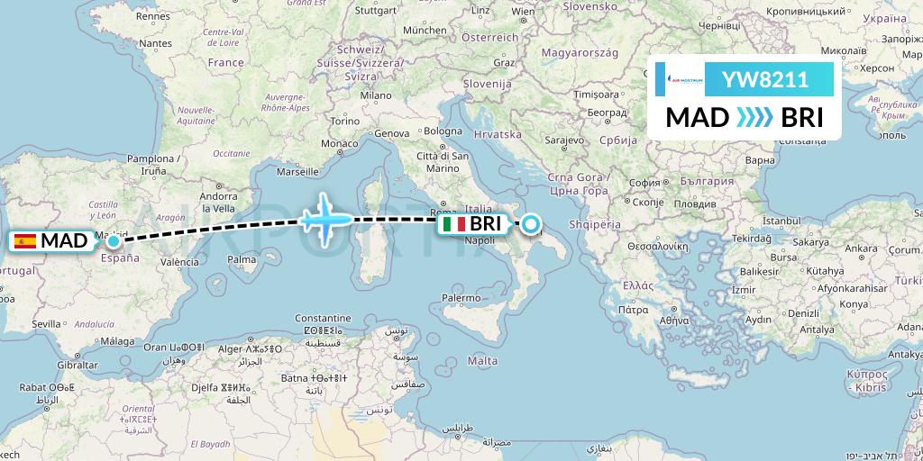 YW8211 Air Nostrum Flight Map: Madrid to Bari