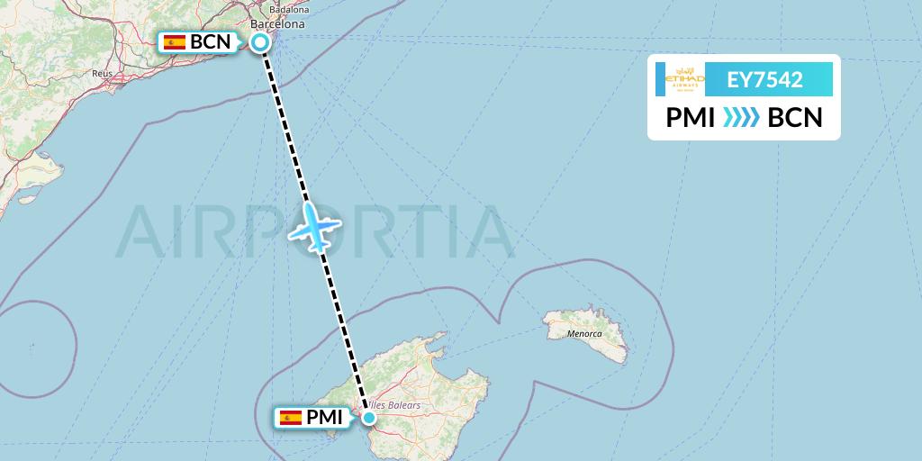 EY7542 Etihad Airways Flight Map: Palma de Mallorca to Barcelona