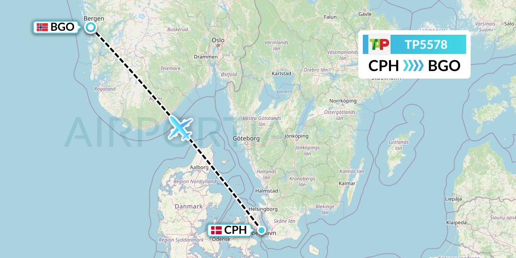 TP5578 TAP Portugal Flight Map: Copenhagen to Bergen