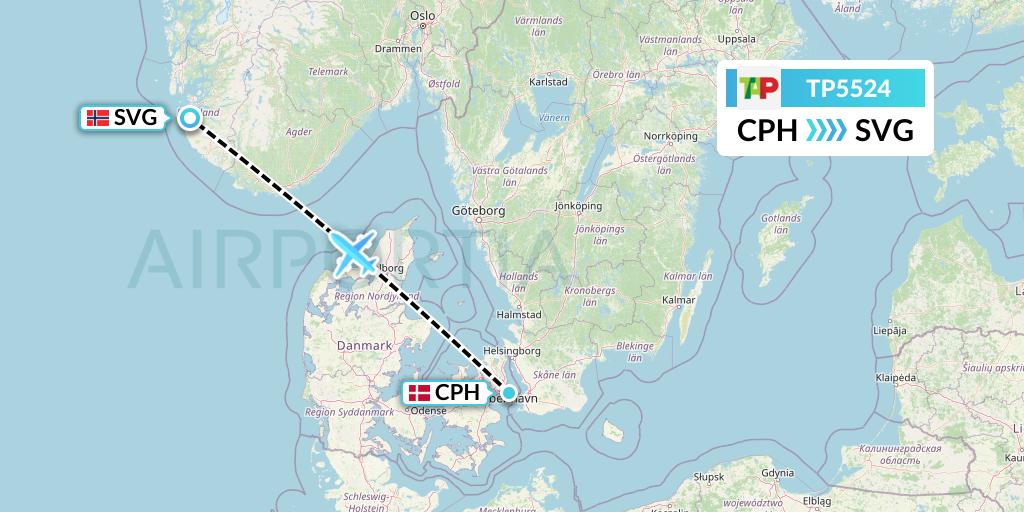 TP5524 TAP Portugal Flight Map: Copenhagen to Stavanger